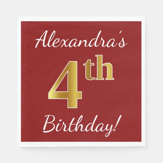 Serviette En Papier Rouge, Faux Gold 4e anniversaire + Nom personnalis (Devant)