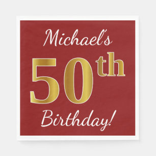 Serviette En Papier Rouge, Faux Gold 50e anniversaire + Nom personnali