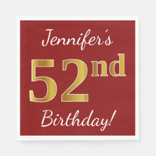 Serviette En Papier Rouge, Faux Gold 52e anniversaire + Nom personnali