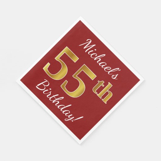 Serviette En Papier Rouge, Faux Gold 55e anniversaire + Nom personnali (Coin)