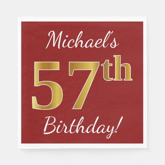 Serviette En Papier Rouge, Faux Gold 57e anniversaire + Nom personnali (Devant)