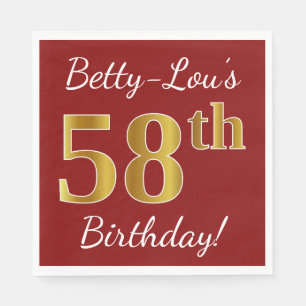 Serviette En Papier Rouge, Faux Gold 58e anniversaire + Nom personnali