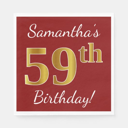 Serviette En Papier Rouge, Faux Gold 59e anniversaire + Nom personnali (Devant)