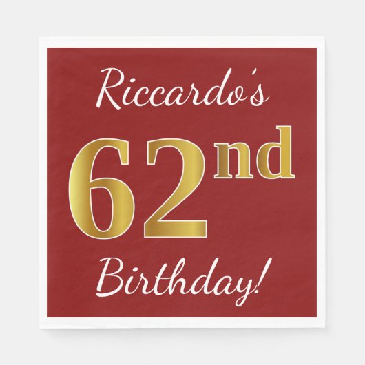 Serviette En Papier Rouge, Faux Gold 62e anniversaire + Nom personnali (Devant)