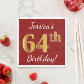 Serviette En Papier Rouge, Faux Gold 64e anniversaire + Nom personnali (En situation)