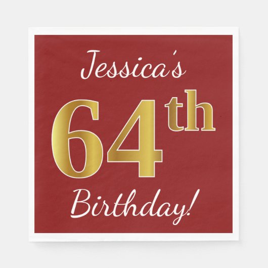 Serviette En Papier Rouge, Faux Gold 64e anniversaire + Nom personnali (Devant)