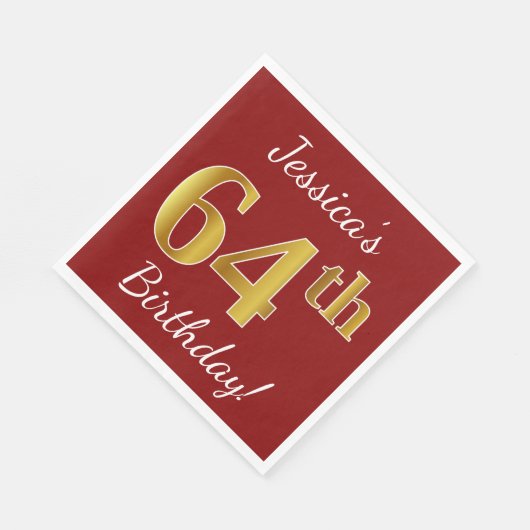 Serviette En Papier Rouge, Faux Gold 64e anniversaire + Nom personnali (Coin)