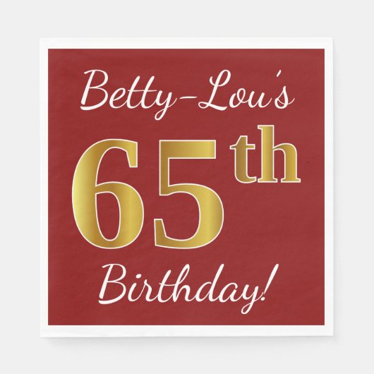Serviette En Papier Rouge, Faux Gold 65e anniversaire + Nom personnali (Devant)