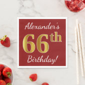 Serviette En Papier Rouge, Faux Gold 66e anniversaire + Nom personnali (En situation)