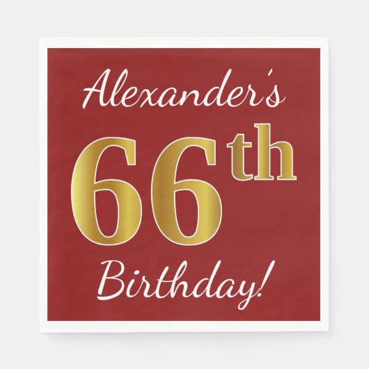 Serviette En Papier Rouge, Faux Gold 66e anniversaire + Nom personnali (Devant)