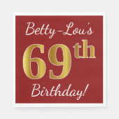 Serviette En Papier Rouge, Faux Gold 69e anniversaire + Nom personnali (Devant)