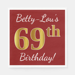 Serviette En Papier Rouge, Faux Gold 69e anniversaire + Nom personnali
