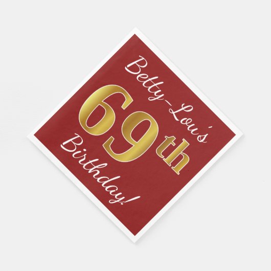 Serviette En Papier Rouge, Faux Gold 69e anniversaire + Nom personnali (Coin)