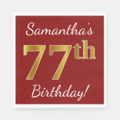 Serviette En Papier Rouge, Faux Gold 77e anniversaire + Nom personnali (Devant)