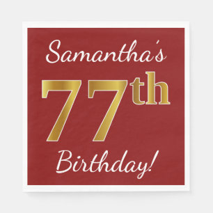 Serviette En Papier Rouge, Faux Gold 77e anniversaire + Nom personnali