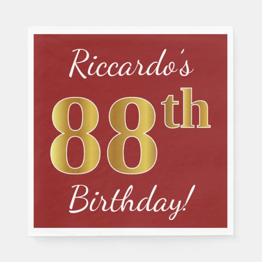 Serviette En Papier Rouge, Faux Gold 88e anniversaire + Nom personnali (Devant)
