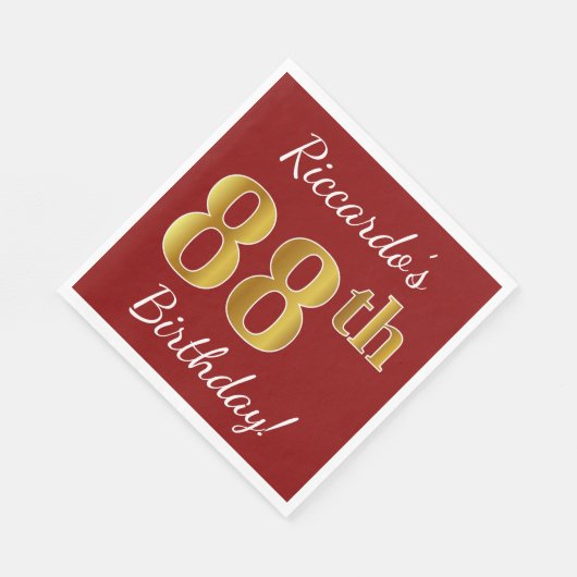 Serviette En Papier Rouge, Faux Gold 88e anniversaire + Nom personnali (Coin)