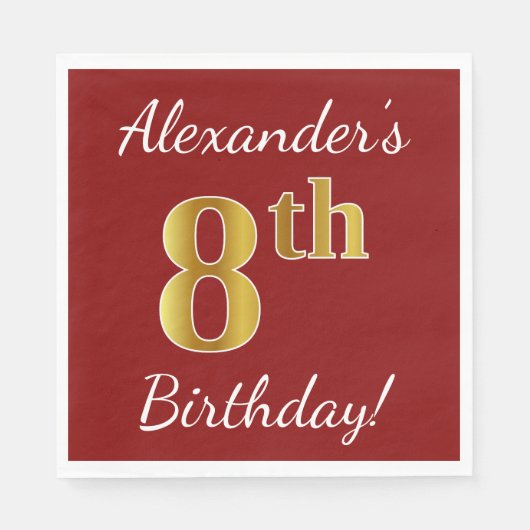 Serviette En Papier Rouge, Faux Gold 8e anniversaire + Nom personnalis (Devant)