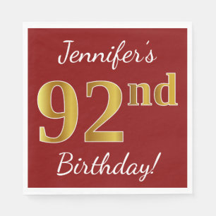 Serviette En Papier Rouge, Faux Gold 92e anniversaire + Nom personnali