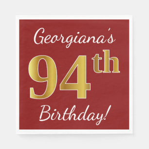 Serviette En Papier Rouge, Faux Gold 94e anniversaire + Nom personnali