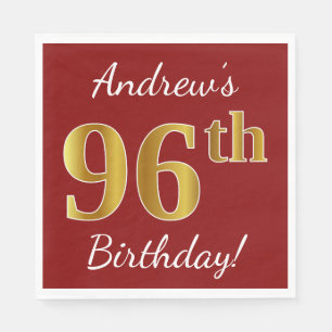 Serviette En Papier Rouge, Faux Gold 96e anniversaire + Nom personnali