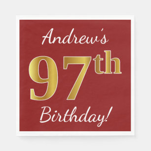 Serviette En Papier Rouge, Faux Gold 97e anniversaire + Nom personnali