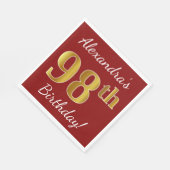Serviette En Papier Rouge, Faux Gold 98e anniversaire + Nom personnali (Coin)