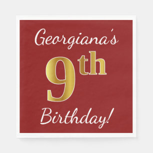 Serviette En Papier Rouge, Faux Gold 9e anniversaire + Nom personnalis