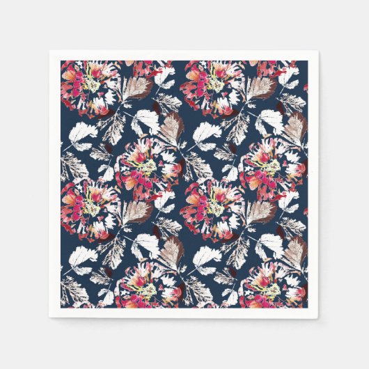 Serviette En Papier Rouge, fleurs blanches sur bleu. (Devant)