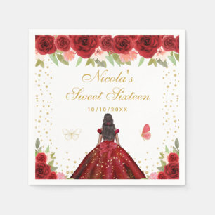Serviette En Papier Rouge Floral Peau Sombre Princesse Sweet Seize