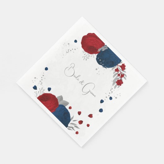 Serviette En Papier rouge foncé & bleu marine fleurs argent mariage (Coin)