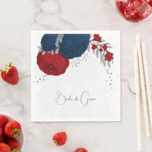Serviette En Papier rouge foncé & bleu marine fleurs argent mariage