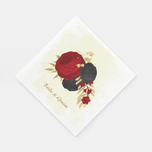Serviette En Papier rouge foncé et fleurs noires or (Coin)
