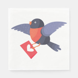 Serviette En Papier Rouge-gorge volant avec lettre d'amour au cœur rou