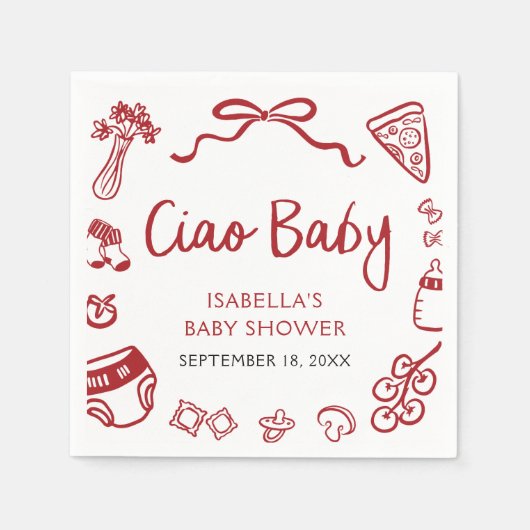 Serviette En Papier Rouge Italien Main Tirée Pizza Ciao Baby shower bé (Devant)