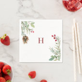 Serviette En Papier Rouge Monogramme Aquarelle Noël Berry vert (En situation)