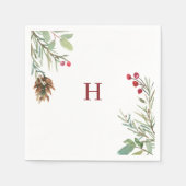 Serviette En Papier Rouge Monogramme Aquarelle Noël Berry vert (Devant)