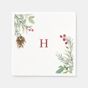 Serviette En Papier Rouge Monogramme Aquarelle Noël Berry vert