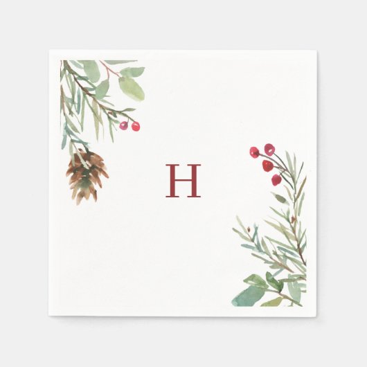 Serviette En Papier Rouge Monogramme Aquarelle Noël Berry vert (Devant)