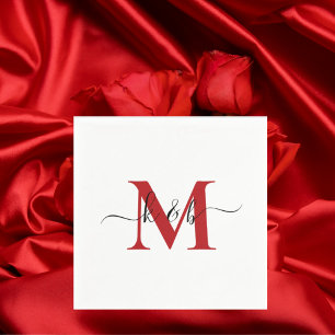 Serviette En Papier Rouge Monogramme Swash Script Cocktail blanc