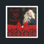Serviette En Papier Rouge Noir Floral Damask 50th Birthday Photo<br><div class="desc">Rouge Noir Floral Damask | serviette en papier pour le 50e anniversaire. Cinquante et fabuleux ! Une belle élégance moderne rouge noir damask 50th Birthday Party Napkin vous pouvez personnaliser votre fête du cinquantième anniversaire. Au centre, un joli arc rouge. Remplacez l'exemple de photo par le vôtre. Les mots "50...</div>