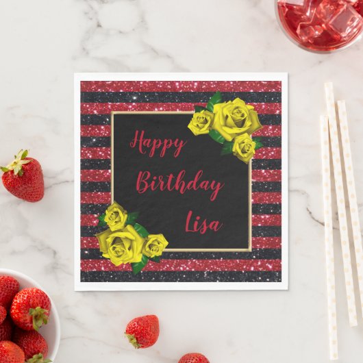 Serviette En Papier Rouge noir Parties scintillant rayures Roses Jaune (En situation)