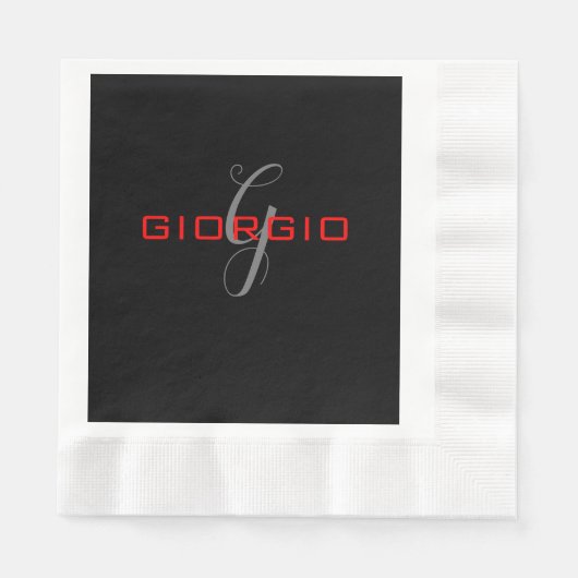 Serviette En Papier Rouge noir Votre nom Monogramme initial Moderne (Devant)