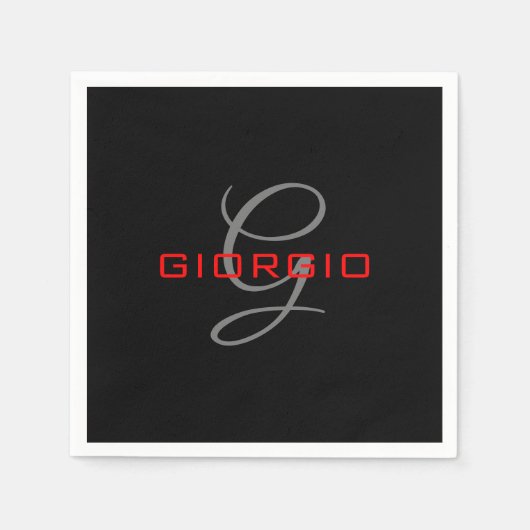 Serviette En Papier Rouge noir Votre nom Monogramme initial Moderne (Devant)