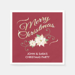 Serviette En Papier Rouge & Or Joyeux Noël & Poinsettias Blanches
