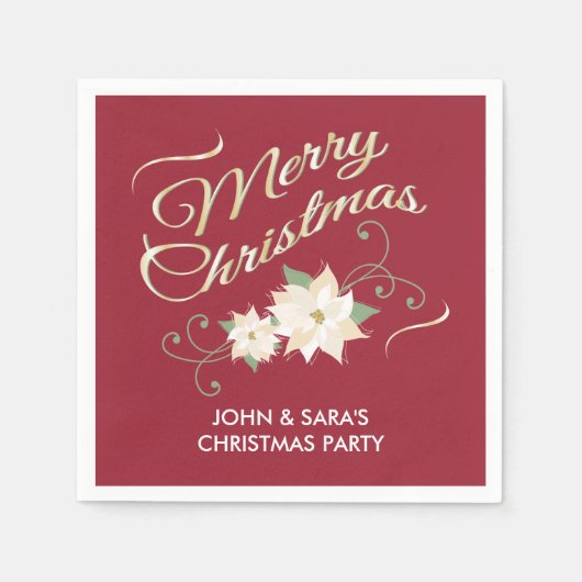 Serviette En Papier Rouge & Or Joyeux Noël & Poinsettias Blanches (Devant)