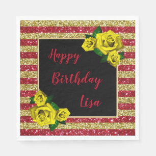 Serviette En Papier Rouge or Parties scintillant rayures Roses Jaunes 