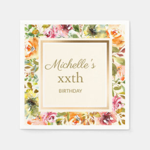 Serviette En Papier Rouge Orange Floral Vert Feuille Crème d'or Annive