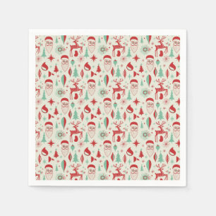 Serviette En Papier Rouge Rétro et Vert Menthe Père Noël Renne Mid Cen