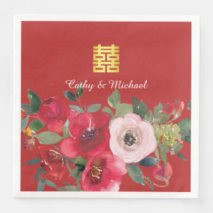 Serviette En Papier Rouge rose aquarelle florale moderne double bonheu